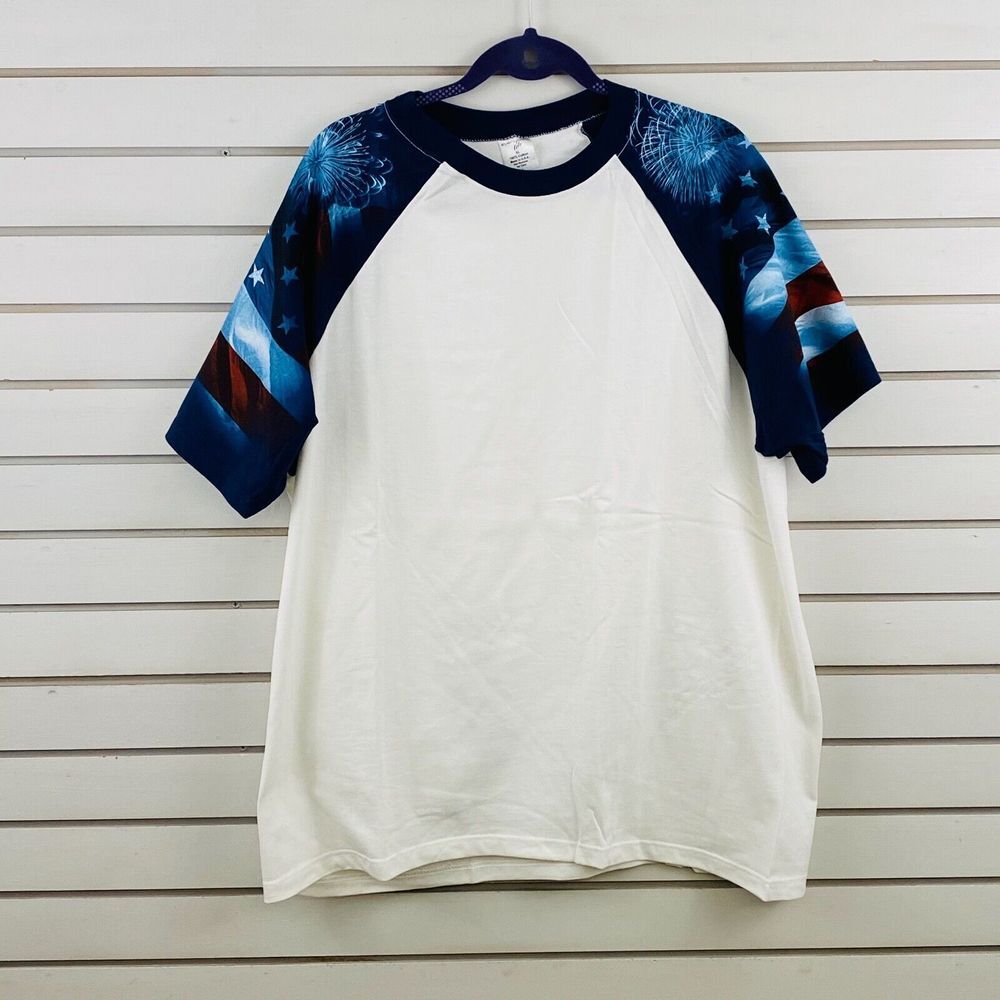 Mens XL Everyday Life USA T-Shirt White Blue Printed Sleeves Flag Fireworks July